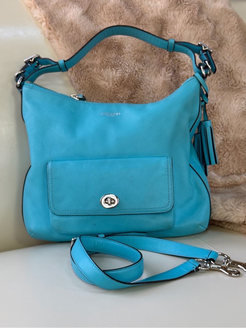 Coach Turquoise Leather Hobo with Turn-Lock Pocket and Tassel